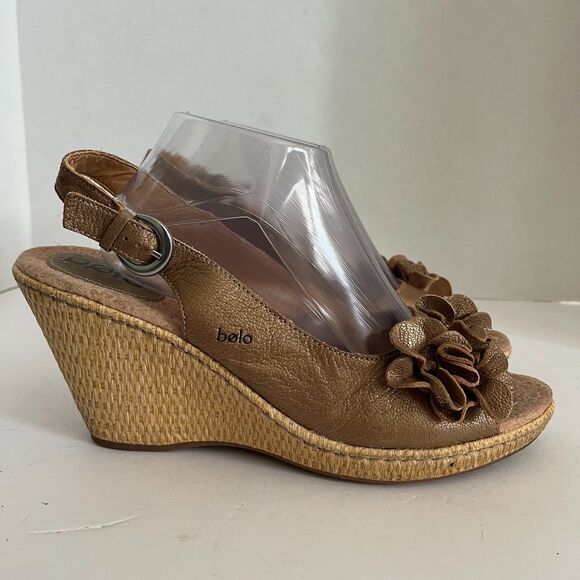 BOLO by Born Womens Brown Leather Bow Sling Back Wedge Sandal Size 11 M - Picture 1 of 8